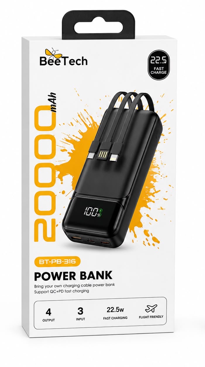  סוללת גיבוי BeeTech BT-PB-316 ‏20,000mAh עם כבלים מובנים – טעינה מהירה 22.5W