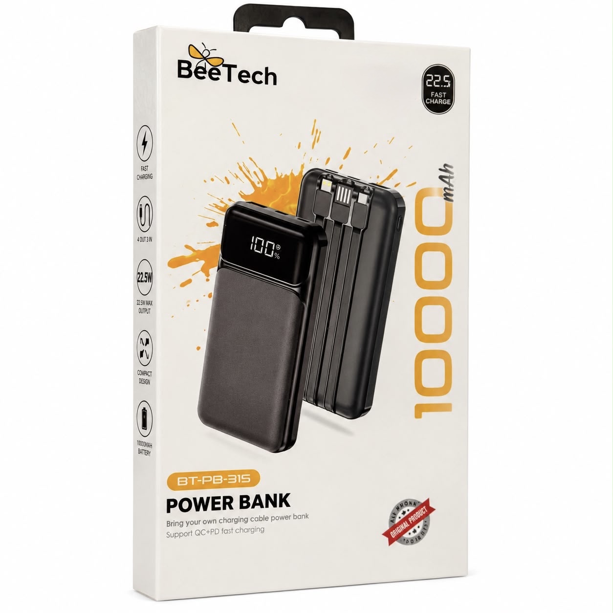  סוללת גיבוי BeeTech BT-PB-315 ‏10,000mAh עם כבלים מובנים – טעינה מהירה 22.5W