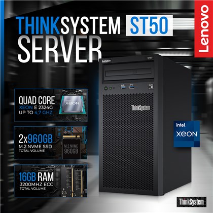 Lenovo Lenovo ThinkServer ST50 V3 XEON E-2414C /16GB/2x960GB SSD ניתן להרחיב זכרון עד 128 2414C |16 GB|Intel® UHD Graphics P630