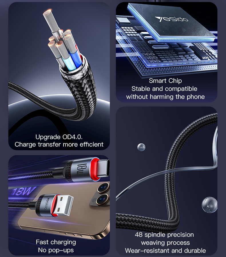 Yesido כבל USB-C 18W Aluminum Alloy Data Cable
 1.2M (CA129C)