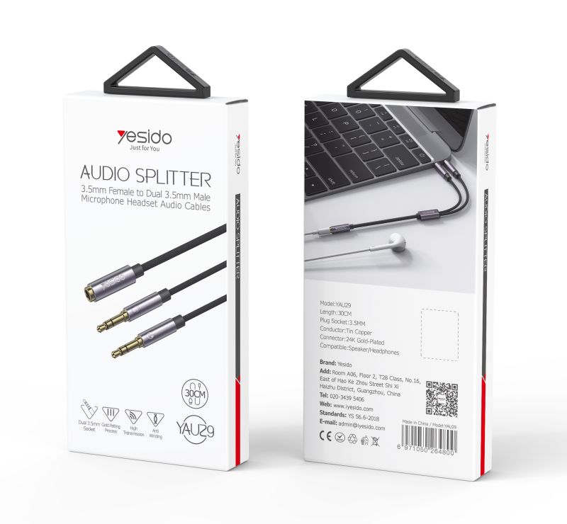 Yesido כבל AUX Audio Splitter
3.5mm Female to Dual 3.5mm Male
Mircophone Headset Audio cables (YAU29)