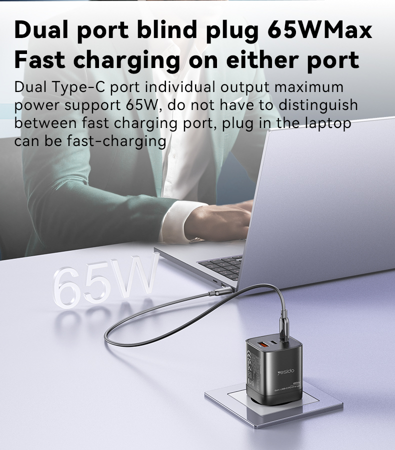Yesido מטען לבית 65W GaN Fast Charge (A+C+C) (YC65)